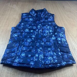 Gap Womens Quilted Puffer Vest Blue Floral Zip Snap Front Size L